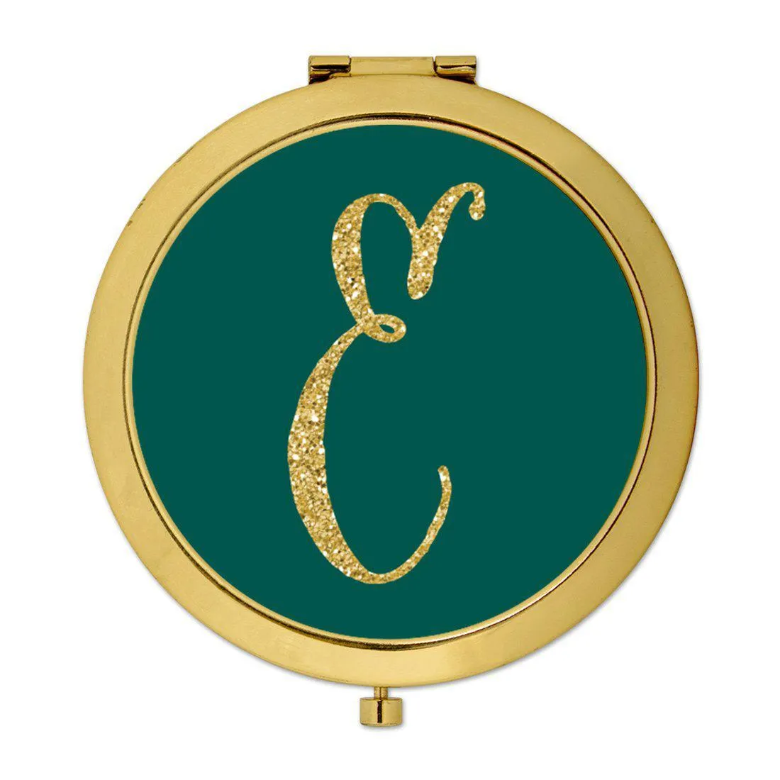 Andaz Press Peacock Blue Jewel Tone with Faux Gold Glitter Monogram Gold 2.75 inch Round Compact Mirror