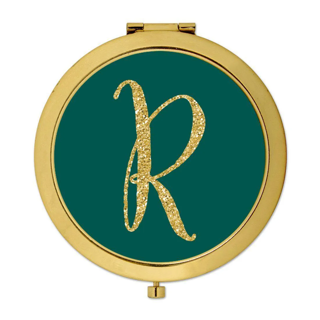 Andaz Press Peacock Blue Jewel Tone with Faux Gold Glitter Monogram Gold 2.75 inch Round Compact Mirror