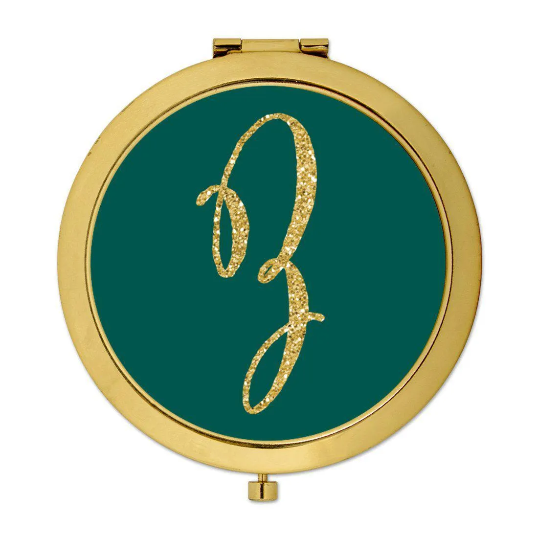 Andaz Press Peacock Blue Jewel Tone with Faux Gold Glitter Monogram Gold 2.75 inch Round Compact Mirror