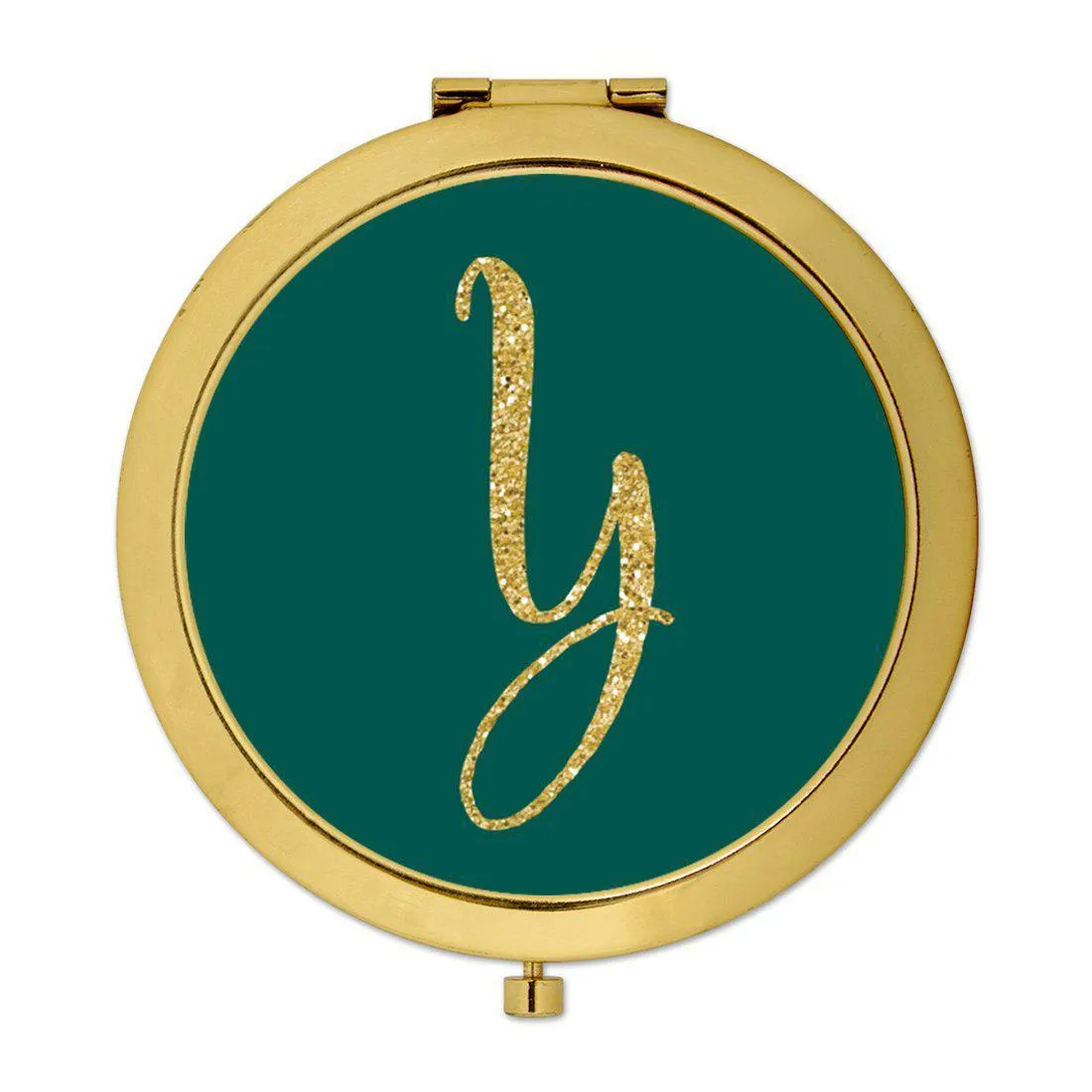 Andaz Press Peacock Blue Jewel Tone with Faux Gold Glitter Monogram Gold 2.75 inch Round Compact Mirror