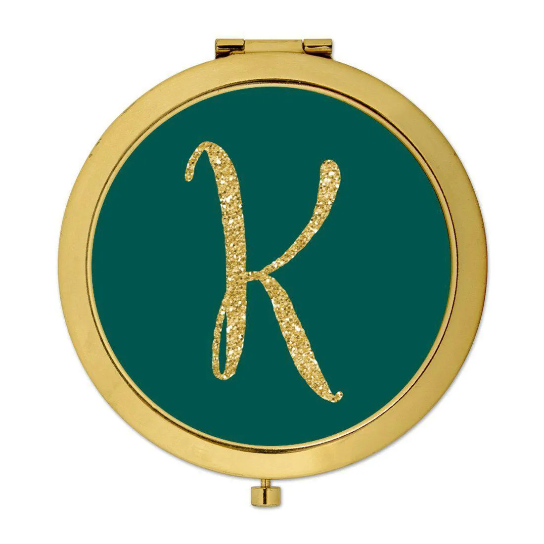 Andaz Press Peacock Blue Jewel Tone with Faux Gold Glitter Monogram Gold 2.75 inch Round Compact Mirror