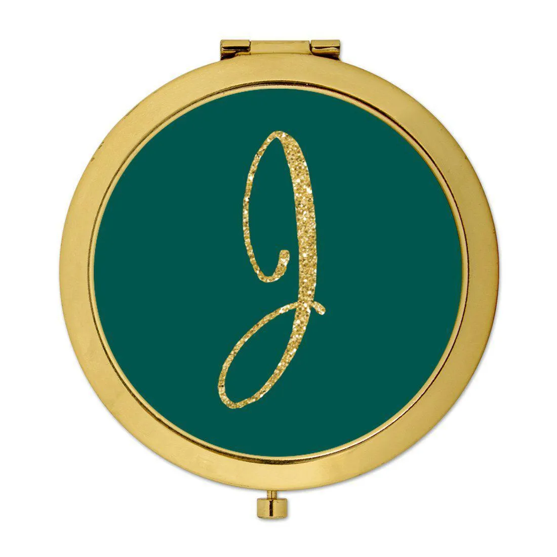 Andaz Press Peacock Blue Jewel Tone with Faux Gold Glitter Monogram Gold 2.75 inch Round Compact Mirror