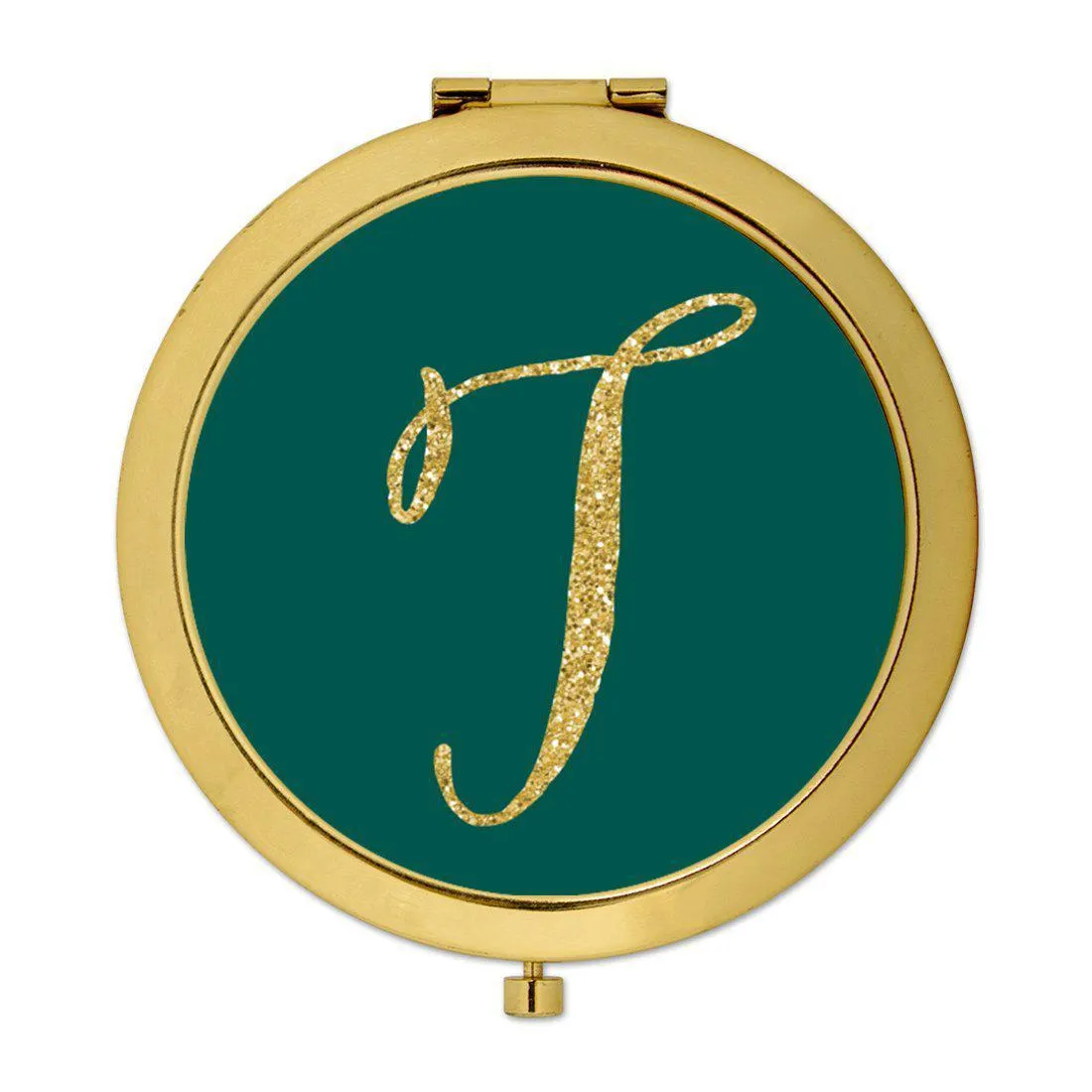 Andaz Press Peacock Blue Jewel Tone with Faux Gold Glitter Monogram Gold 2.75 inch Round Compact Mirror