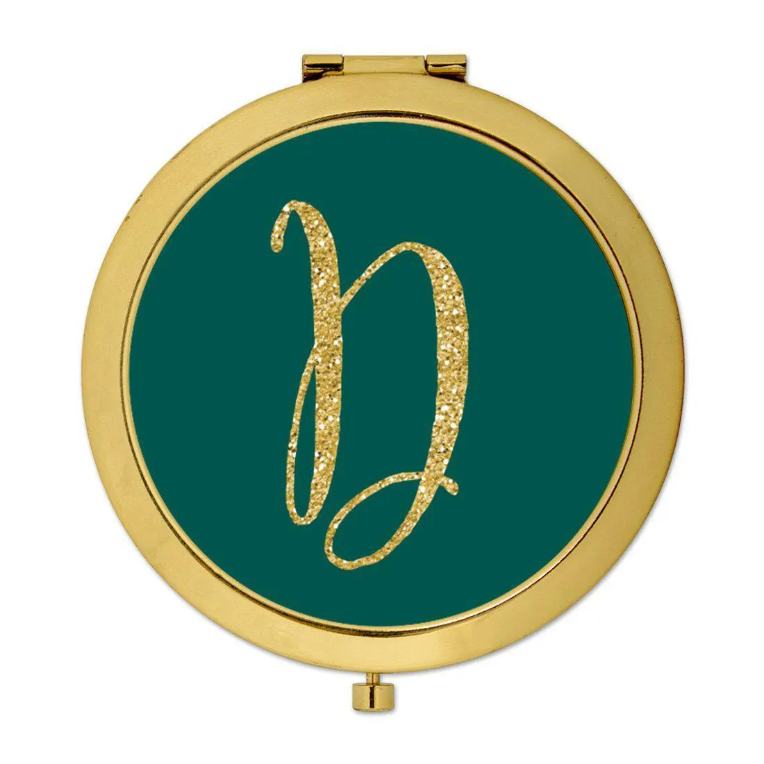 Andaz Press Peacock Blue Jewel Tone with Faux Gold Glitter Monogram Gold 2.75 inch Round Compact Mirror