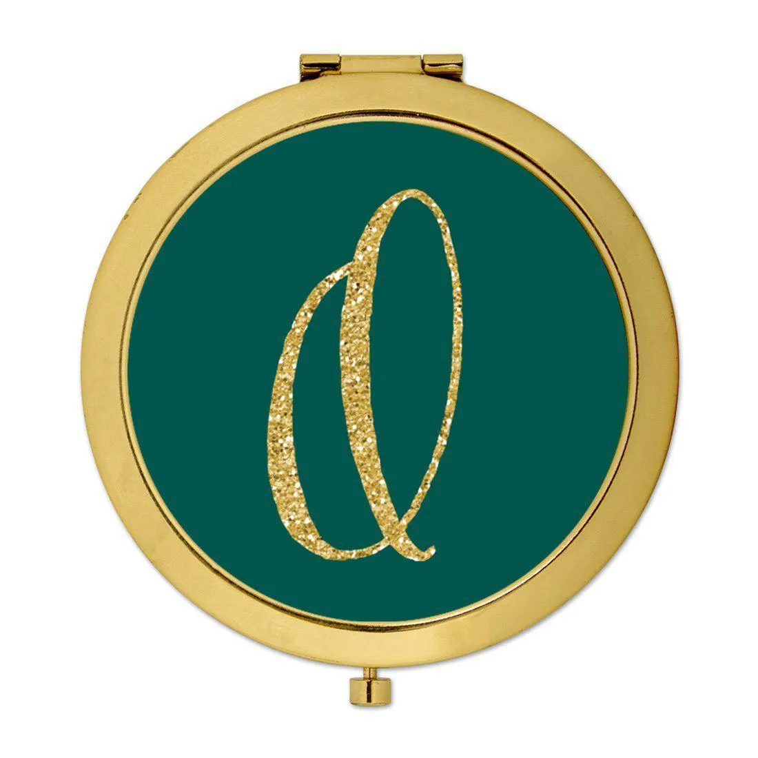 Andaz Press Peacock Blue Jewel Tone with Faux Gold Glitter Monogram Gold 2.75 inch Round Compact Mirror