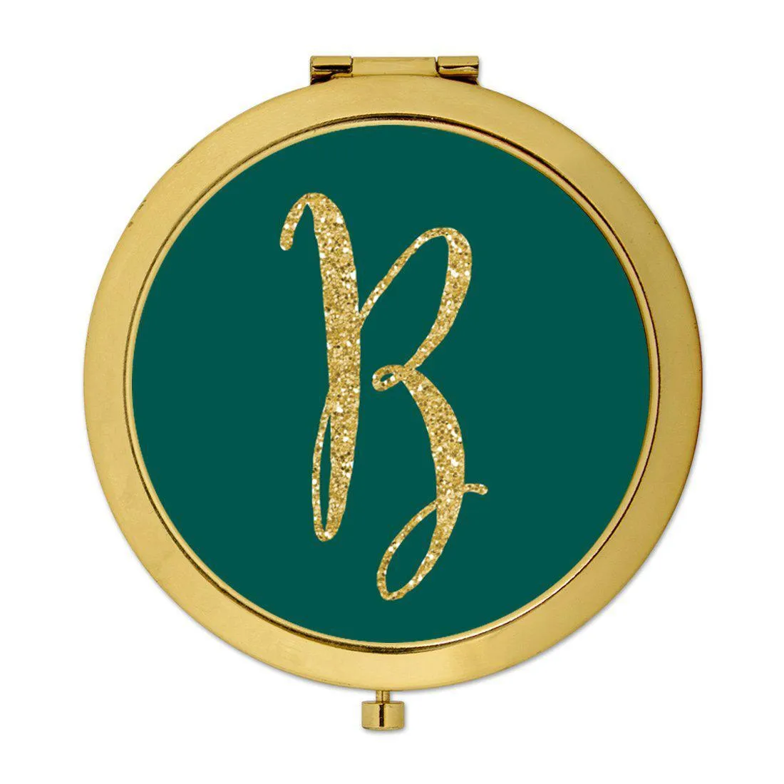 Andaz Press Peacock Blue Jewel Tone with Faux Gold Glitter Monogram Gold 2.75 inch Round Compact Mirror