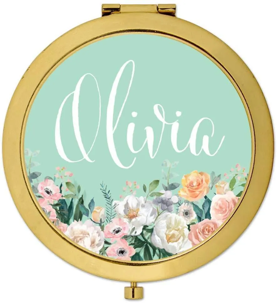 Andaz Press Personalized Peach Flower Florals on Mint Green Monogram Gold Compact Mirror