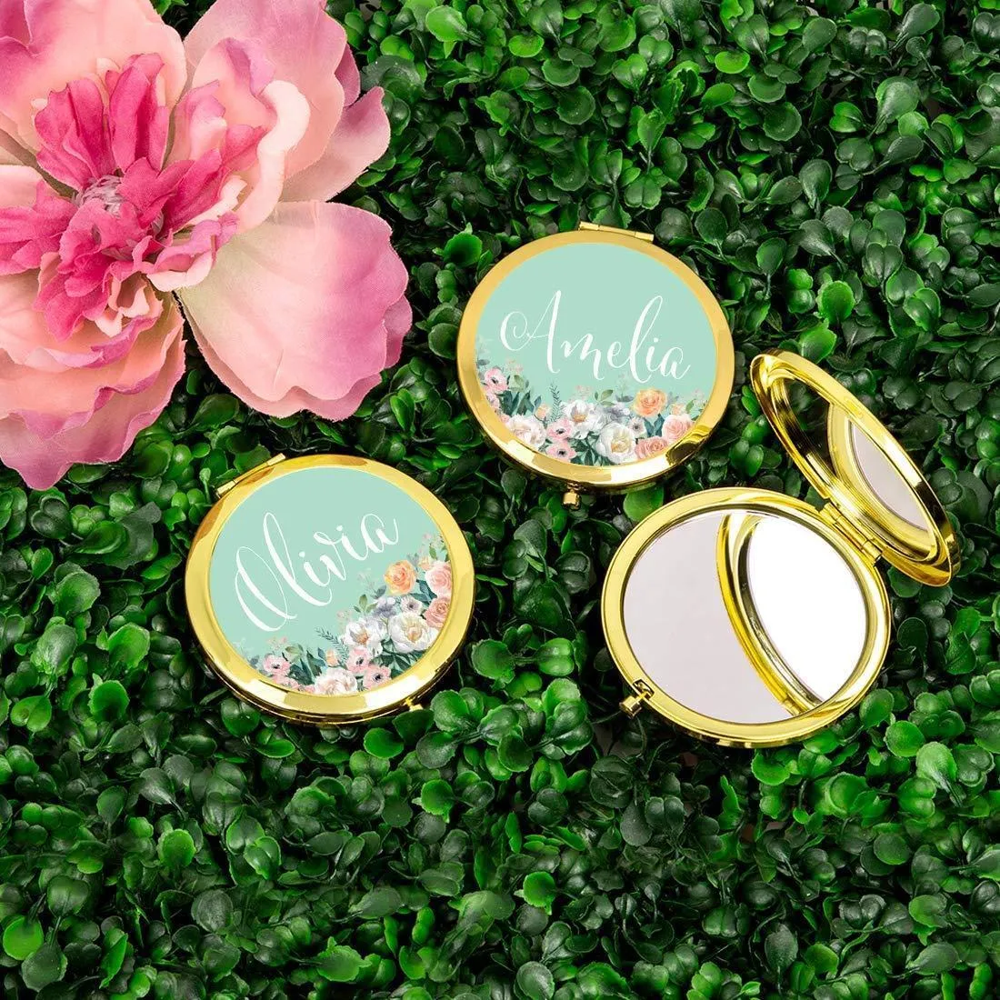 Andaz Press Personalized Peach Flower Florals on Mint Green Monogram Gold Compact Mirror