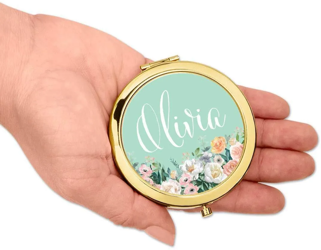 Andaz Press Personalized Peach Flower Florals on Mint Green Monogram Gold Compact Mirror