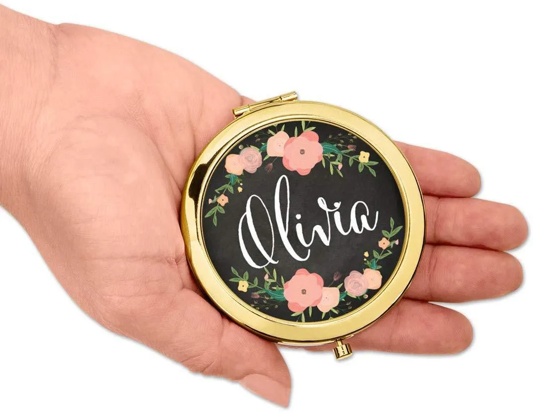 Andaz Press Personalized Pink Peach Florals on Chalkboard Monogram Gold Compact Mirror