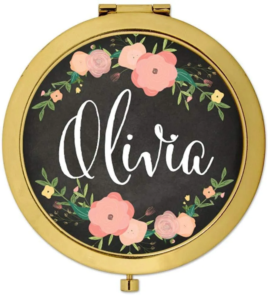 Andaz Press Personalized Pink Peach Florals on Chalkboard Monogram Gold Compact Mirror