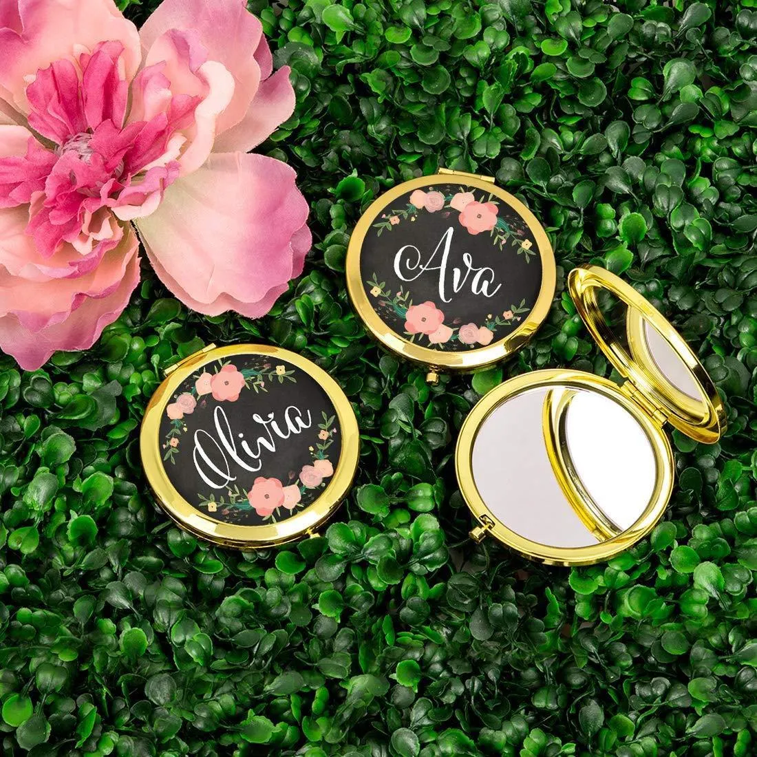 Andaz Press Personalized Pink Peach Florals on Chalkboard Monogram Gold Compact Mirror