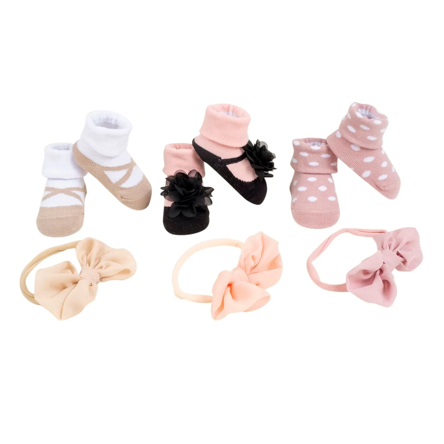 Baby Moo Pretty Bow Infant Girl 6-Piece Gift Hairband And Socks Set - Pink