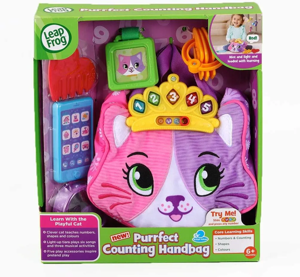 LeapFrog Purrfect Counting Handbag, Baby Interactive Toy for Pretend Play, Musical Toy with Colours and Phrases, Cute Cat Purse with Baby Accessories and Baby Teether, Suitable for 6 Months  