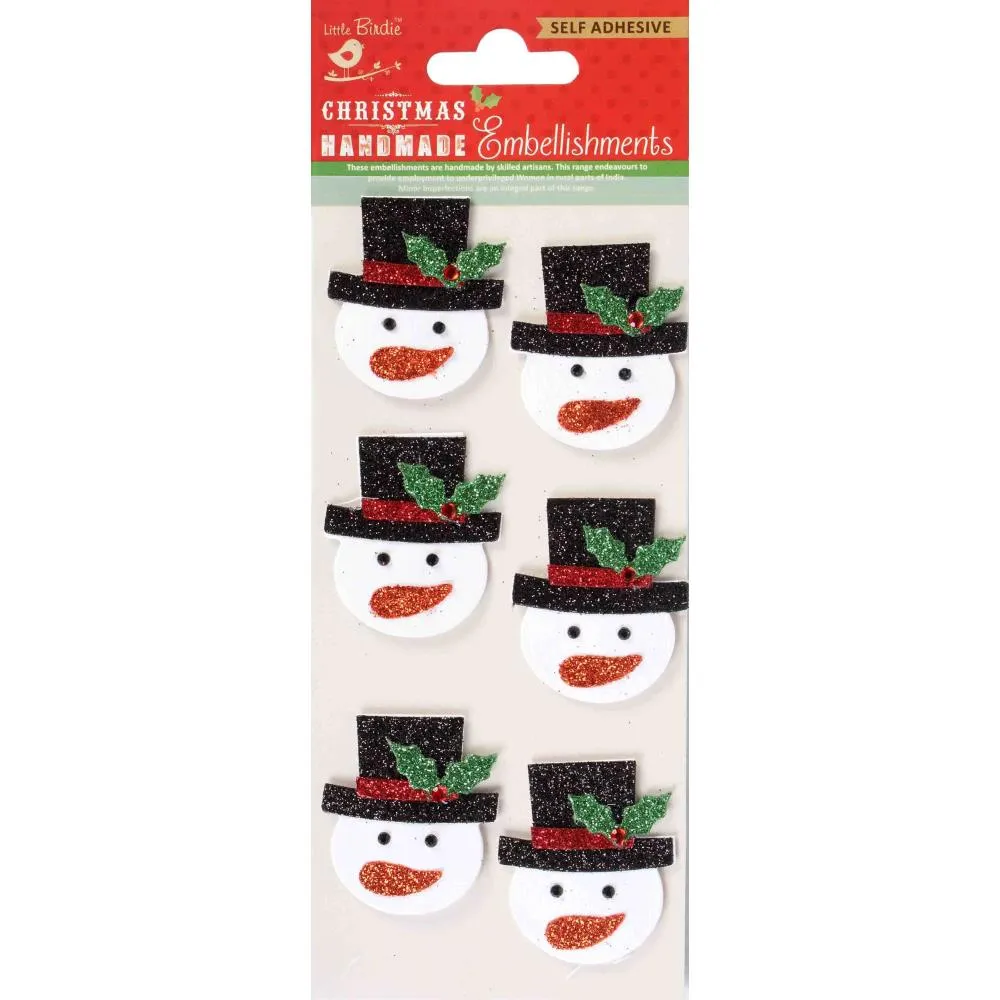 Little Birdie Christmas Adhesive Embellishment 6 pack  Snowman Glitter Fun*