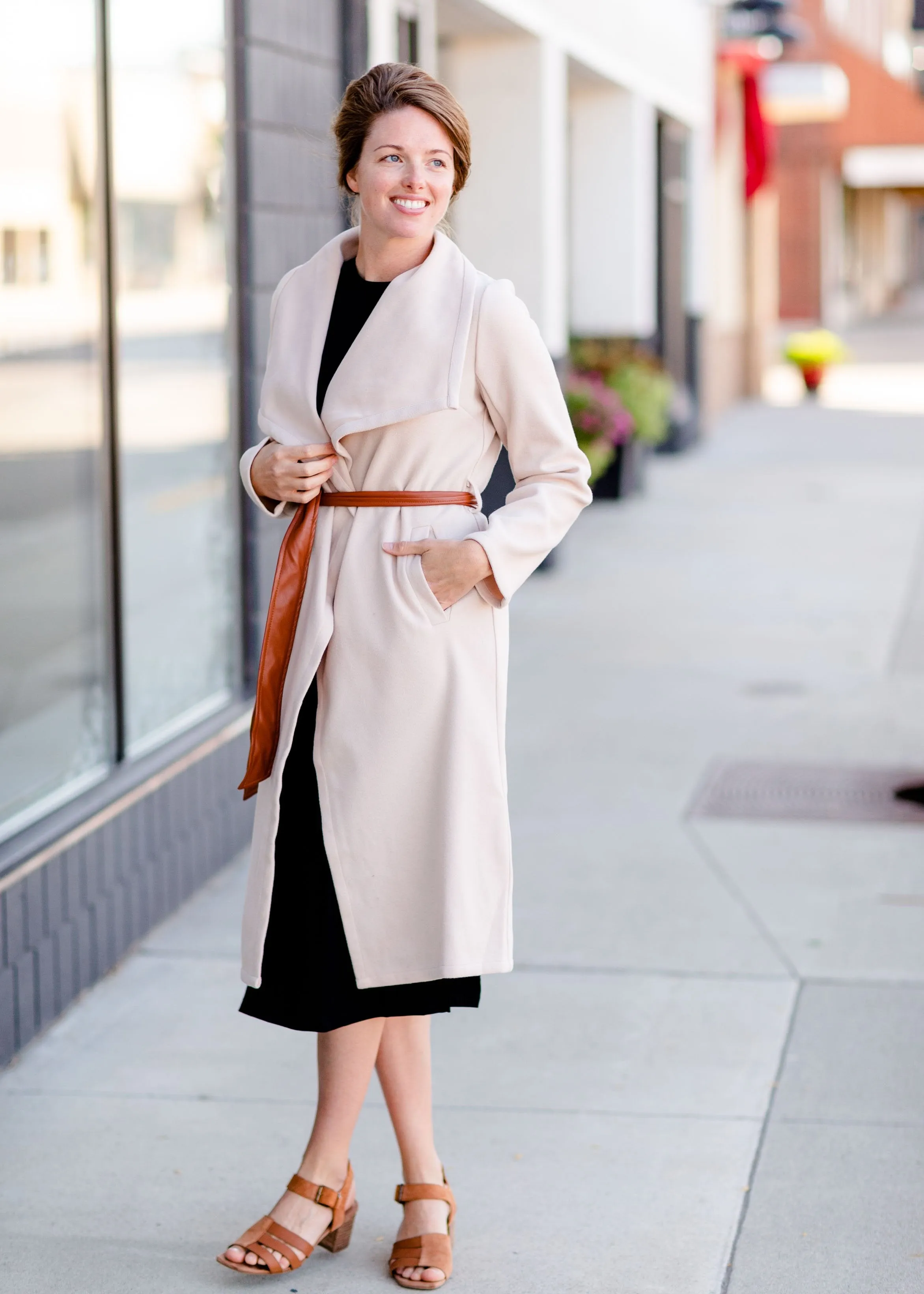 Natural Draped Neck Belted Coat - FINAL SALE