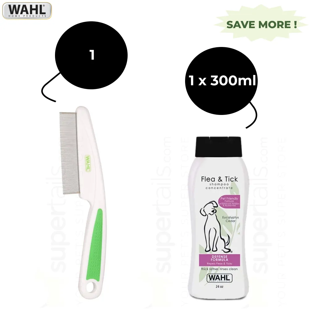 Wahl Flea Comb and Flea & Tick Eucalyptus Cedar Shampoo for Dogs Combo